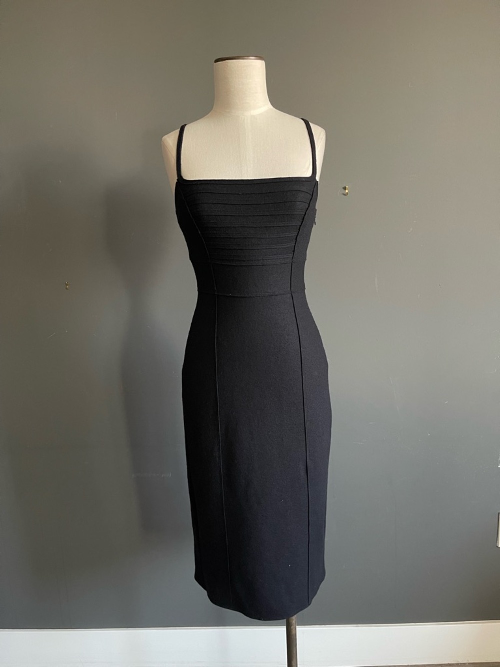 Susana Monaco Black Wool Slip Midi Dress Minimal Column Strappy Chic LBD Capsule